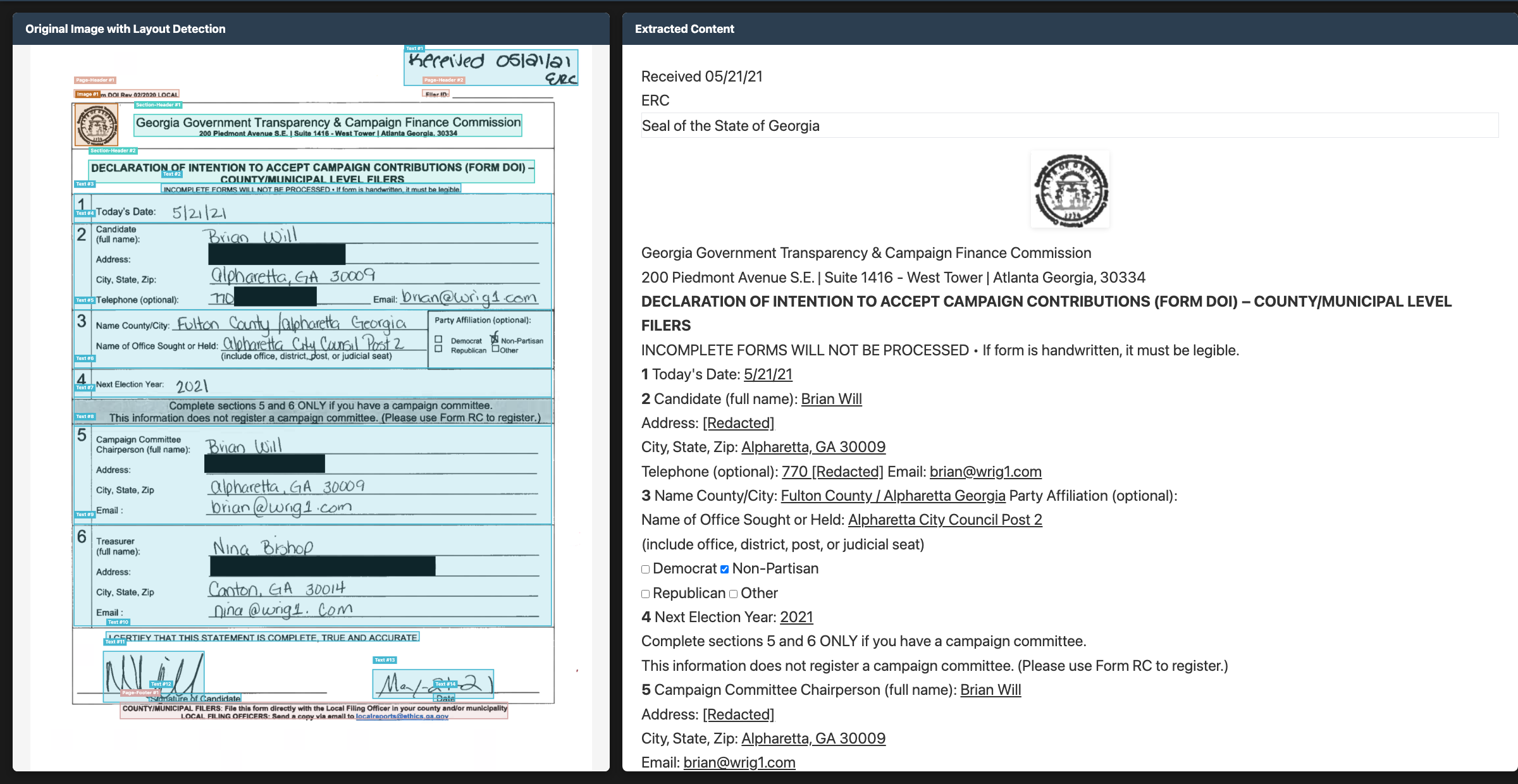 Example output showing document conversion to structured format