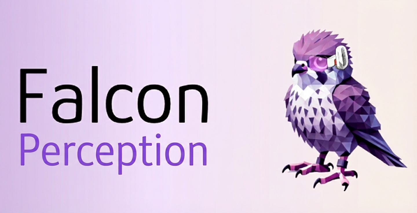 Falcon Perception example outputs showing segmentation masks for multiple objects.