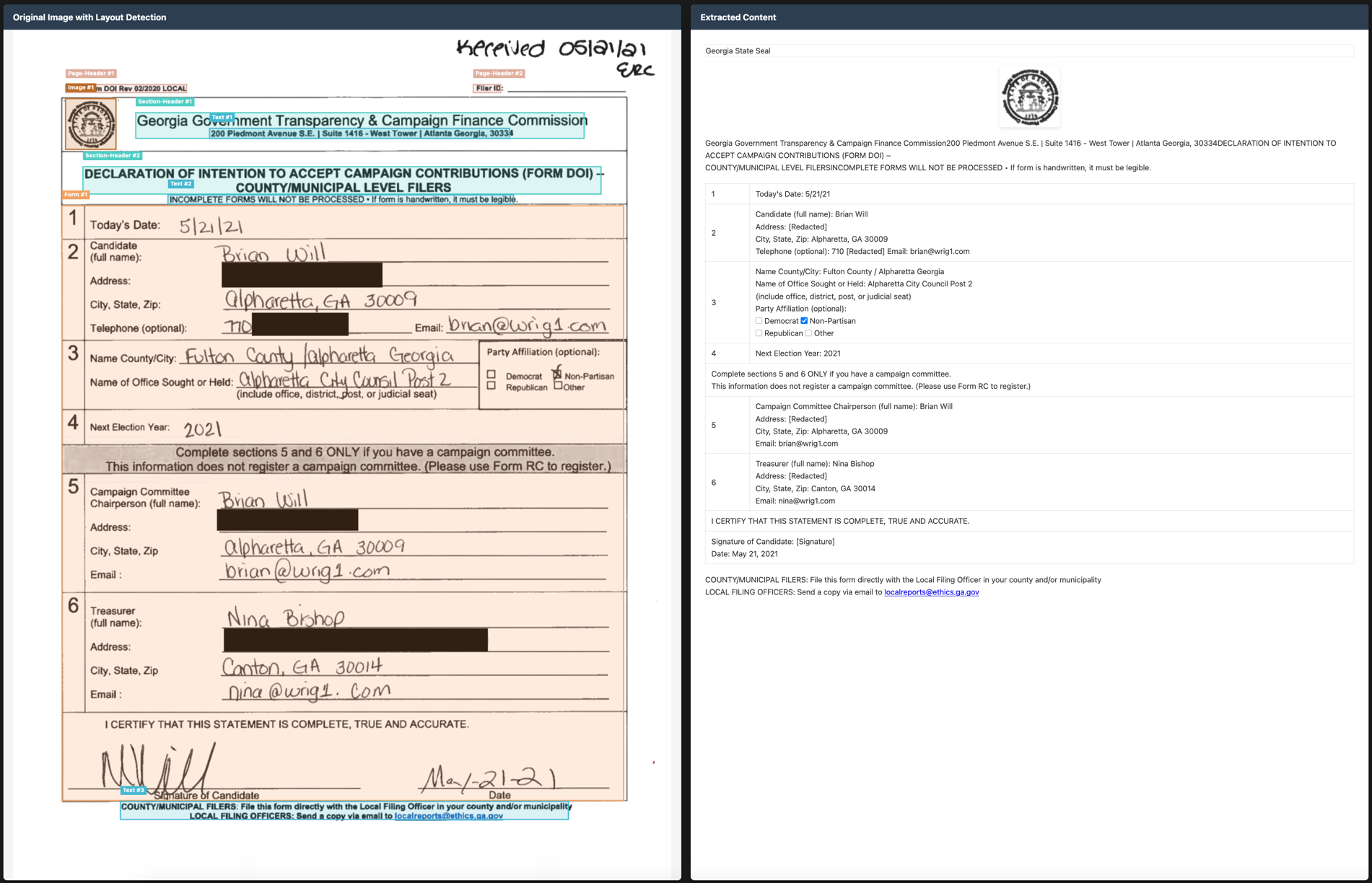 Example conversion showing a complex document page with text, tables, and images faithfully rendered in markdown